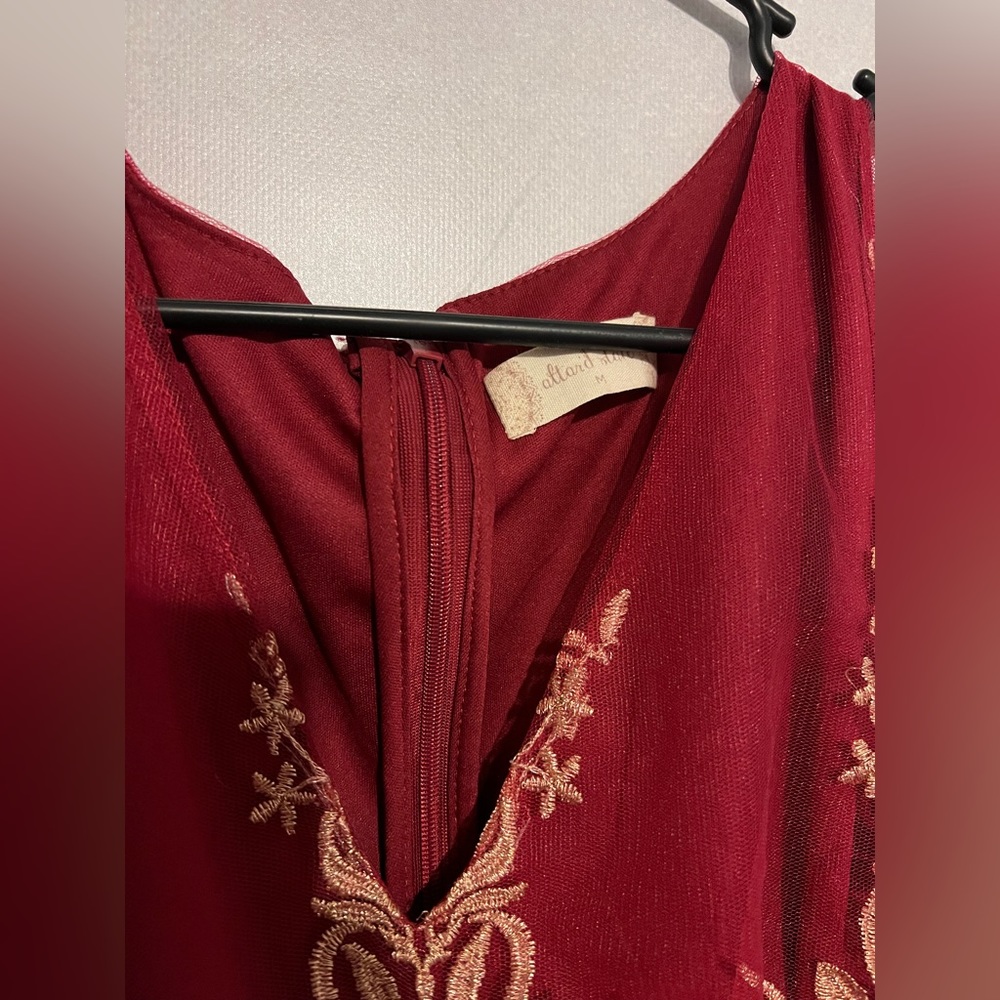 Stunning Altar’d State Formal Red and Gold Stitched V-Neck Dress - Picture 7 of 10